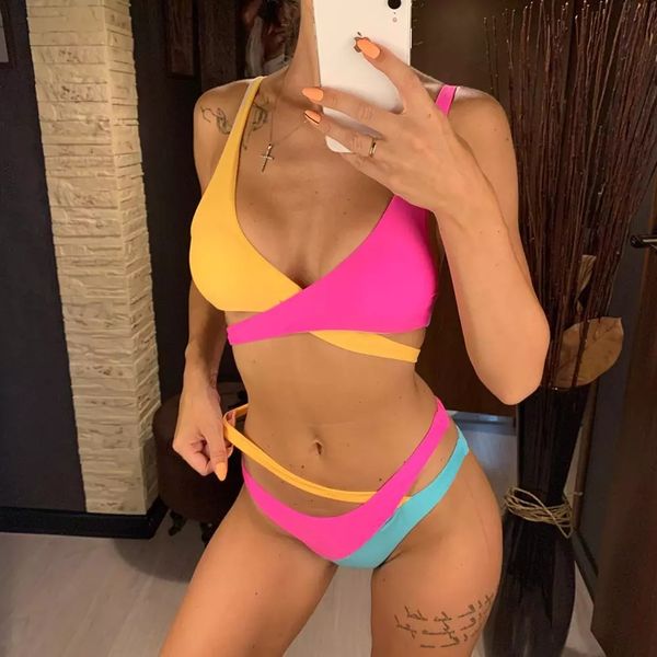 

colorful splicing bikini female swimsuit women swimwear two-piece bikini set asymmetric mid waist bather bathing suit swim, White;black