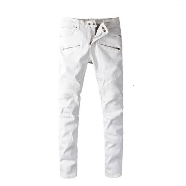 

2021 new men's male fashion casual white pleated biker jeans plus size slim fit stretch denim pants trousers o4y2, Blue