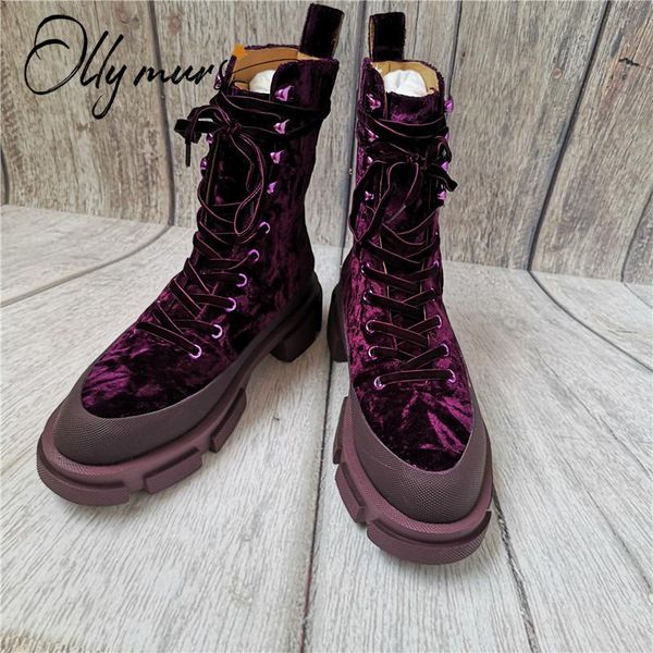

boots ollymurs fashion black women round toe lace up thick mid heel autumn winter motorcycle shoes woman