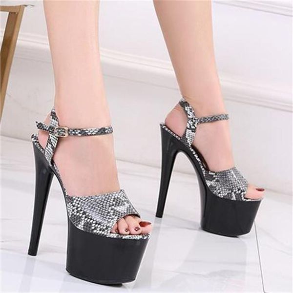 

2020 summer new car models shoes women ultra high heel peep toe sandals 17/20 cm waterproof snakeskin stiletto nightclub shoes, Black