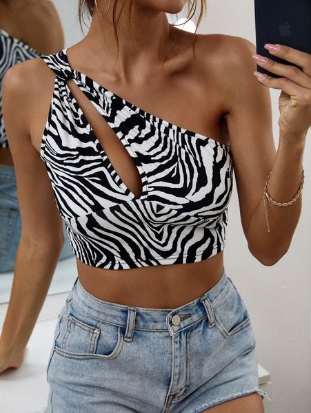 

zebra striped cut out one shoulder c1vg#, White