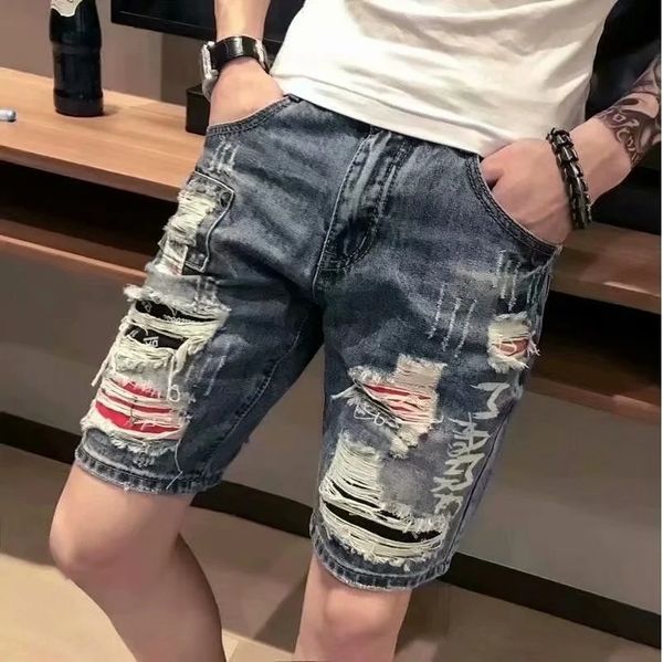 

summer trendy jeans shortsmen's trend social spirit boy's self-cultivation and casual pantsshorts casual pants hole breaking pants, Blue