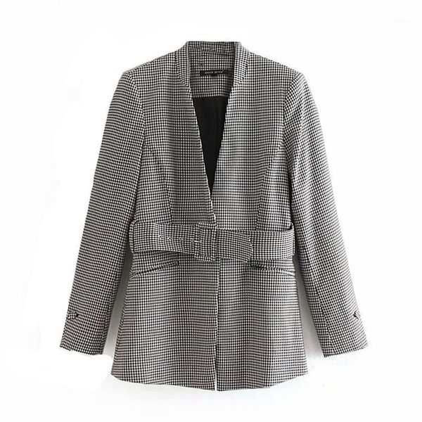 

2020 women chic sashes plaid blazers stand collar button streetwear coat pockets long sleeve female jacket houndstooth outerwear1, White;black