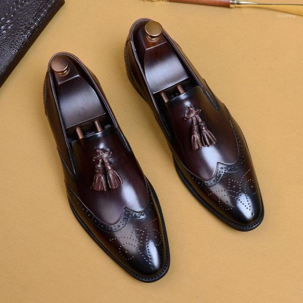 

brogue dress shoes men genuine leather tassels handmade wedding office shoes fashion formal office party oxford a601, Black
