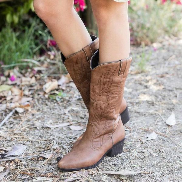 

women mid-calf boots girl mid heels autumn shoes plus size gladiator vintage pu leather booties woman mujer zapatos mujer d16371, Black