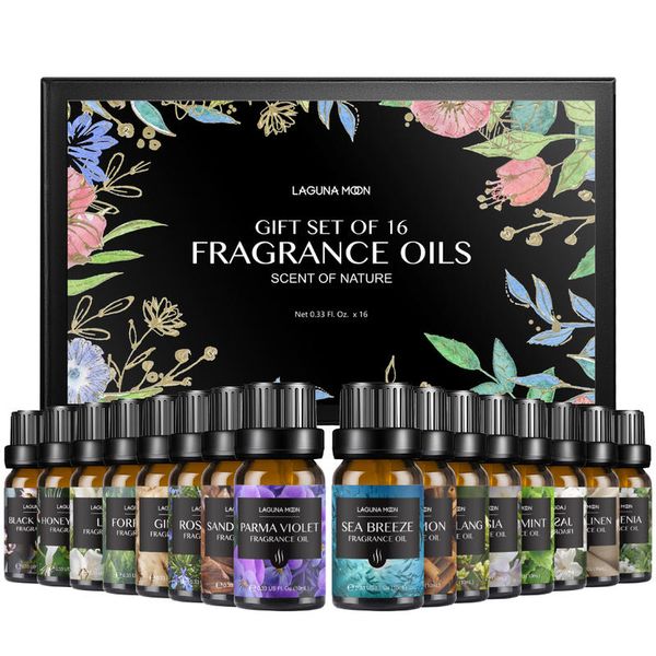 

lagunamoon 10ml*16pcs kit fragrance oil set ylang jasmine lily fresh linen sandalwood diffuser oil essential oil for candle soap
