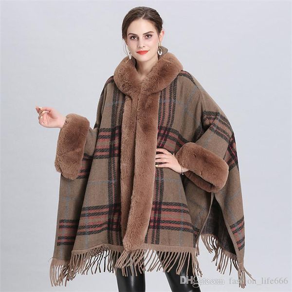 

designer women's jacket large size loose fur collar plaid hooded faux fur shawl cloak tassel knitted cardigan jacket cloak shawl, Black