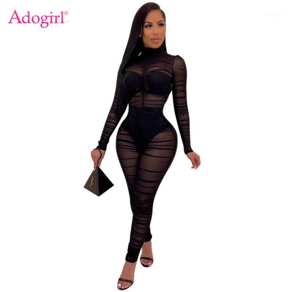 

adogirl women black sheer mesh ruched jumpsuit high neck long sleeve slim romper night club overalls fashion bodysuits1, Black;white
