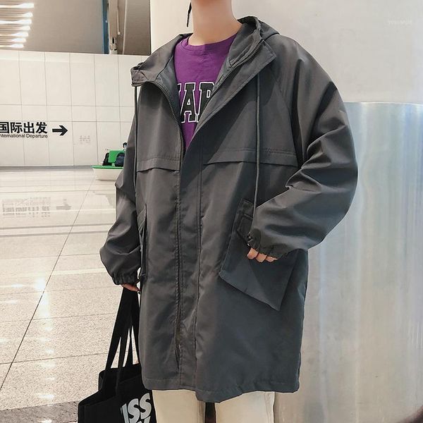 

2018 autumn winter long tooling windbreaker harajuku street loose hip hop hooded jacket large size dark gray black jacket1, Tan;black