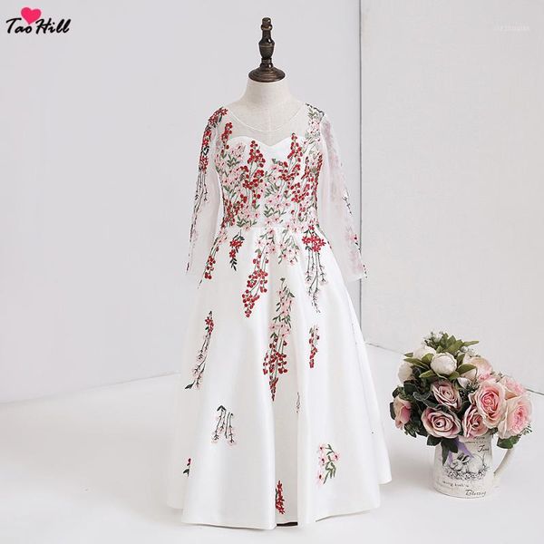 

girl's dresses taohill wedding flower girl a-line embroidery lace communion gowns long sleeves pageant for child1, Red;yellow