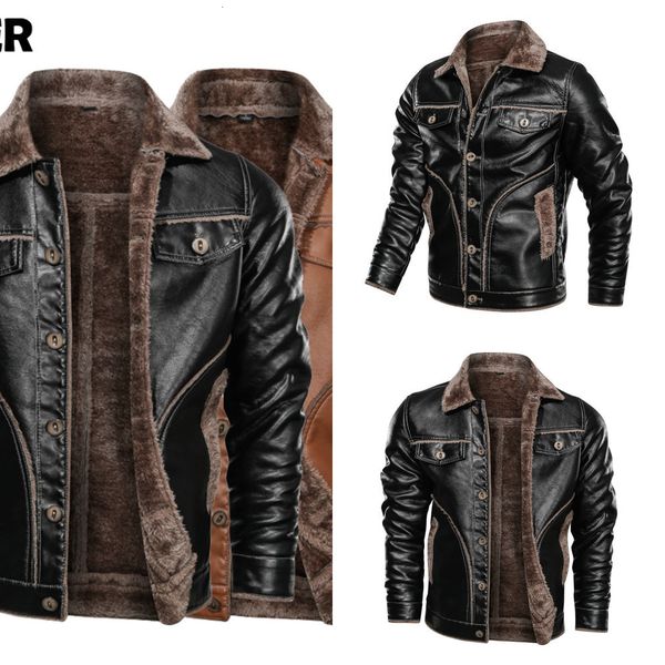 

men winter new men's casual plus velvet pu leather coat fleece military motorcycle retro jacket large size m-8xl, Black
