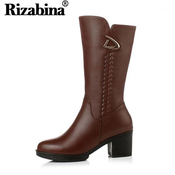 

boots rizabina real leather women knee high solid color round toe heels shoes winter warm plush footwear size 35-431, Black