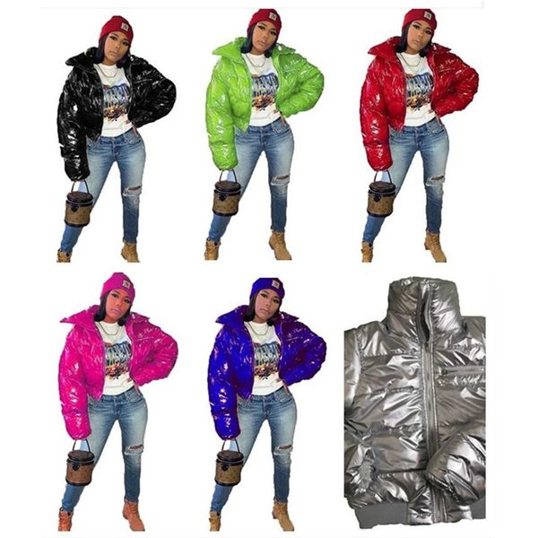 

2020 women wadded jackets zipper cotton-padded coat pu glossy stand collar parka windser puffer coats candy color warm jacket f110409, White