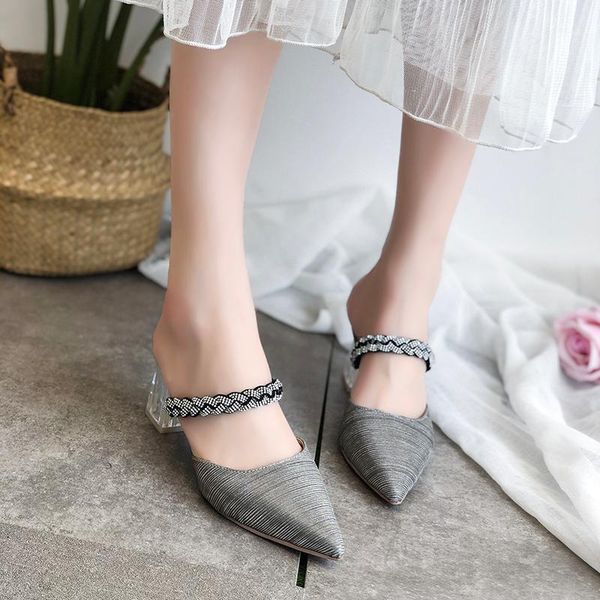 

black silver sequin mules shoes women transparent heel closed toe slippers sandals women pointed toe sandals fashion clear heels1