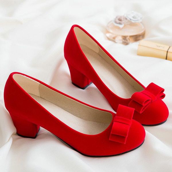 

2021 new sweet bow knot women shoes flock square high heels slip on spring summer party shoes woman red black