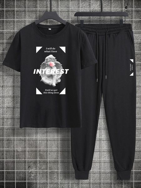 

romwe guys angel graphic tee & sweatpants n2ug#, Gray