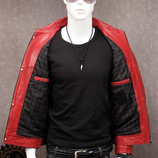

men's leather & faux autumn style goat real coat korean brand short sleeve pocket simple red, Black