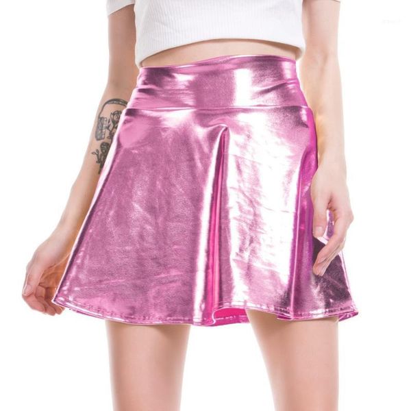 

faux leather skirt for women pleated pu skirt female elegant above knee mini skirts silver shiny holographic bling clothing1, Black