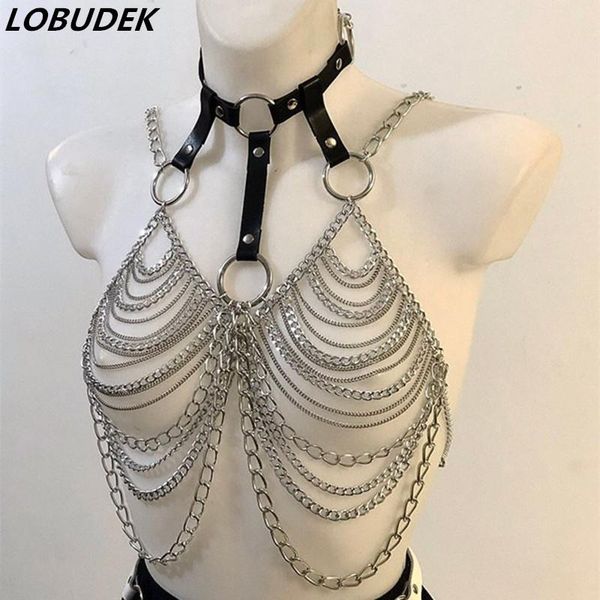 

leather harness chain bra silver metal chain chest belt bar club party dance costume female dancer ornament accessories, Black;red