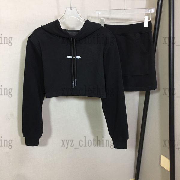 

hihg-end 22ss pants sets cross print drawstring hooded short long sleeve sweater + high waist short-skirt women hoodies sweater suit brand d, White