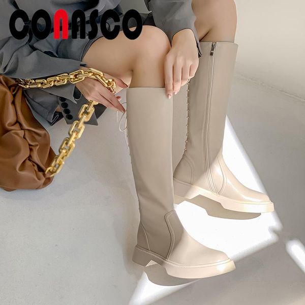 

conasco casual women knee-high boots autumn winter low heels shoes woman genuine leather zipper back lace-up platform long boots, Black