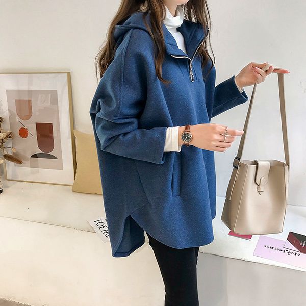 

autumn and winter new solid color chic women's middle long sleeve hooded t-shirt for students to wear with thin bottom