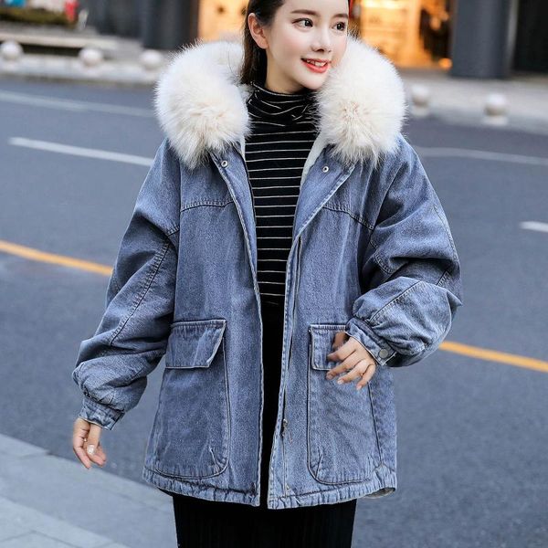 

women's down & parkas 2021 big faux fur collar denim jacket women winter hooded warm jean student basic long female bomber coat, Black