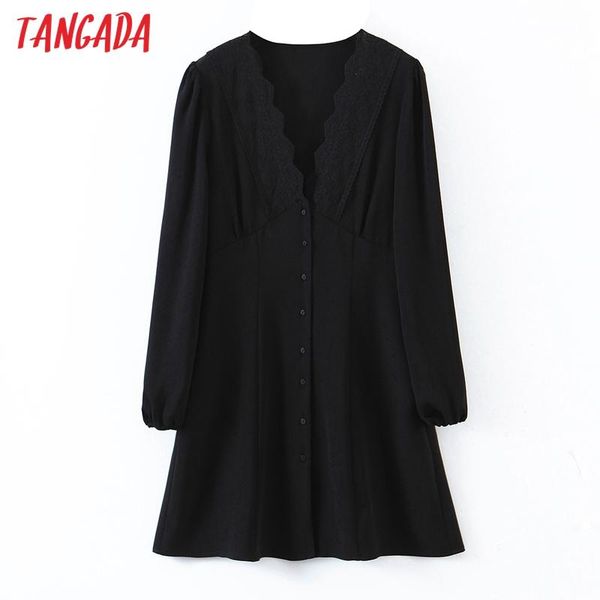 

tangada fashion women black lace patchwork dress v neck long sleeve ladies mini dress vestidos sl167, Black;gray