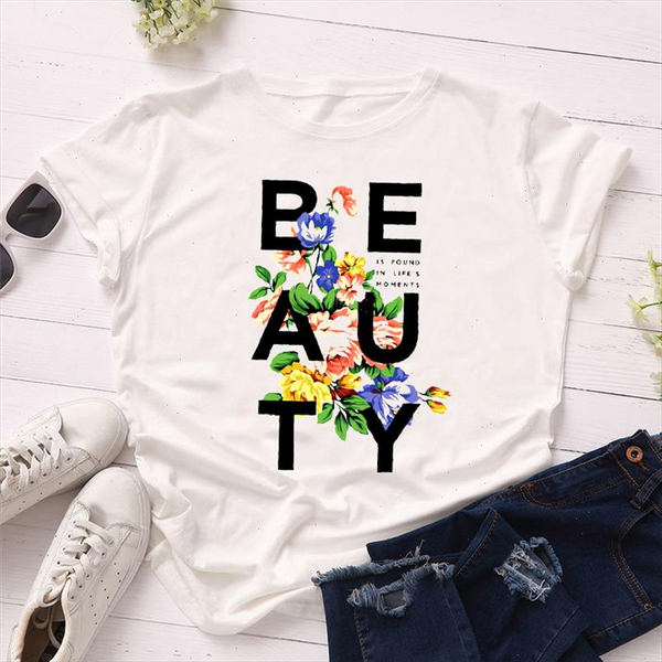 

new women t shirt floral beauty letter print summer short sleeve tshirts girls ladies graphic tees korean aesthetic, White