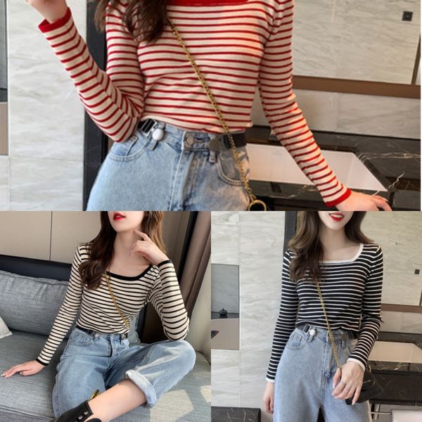 

uqeki striped t-shirt t-shirt sweater 2020 new korean fashion for collar foreign style slim square short style sleeve long with sweater fit, White;black