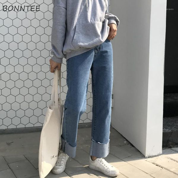 

jeans women spring summer trendy korean style simple all-match retro cuffs streetwear high waist loose womens trousers casual1, Blue