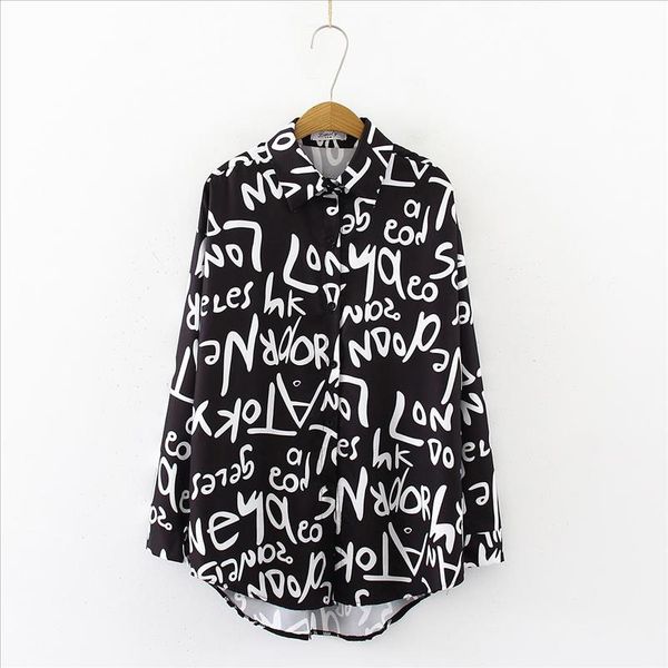 

fashion casual women blouses graffiti letter printing blouse streetwear turn down collar long sleeve loose shirt blusas mujer, White