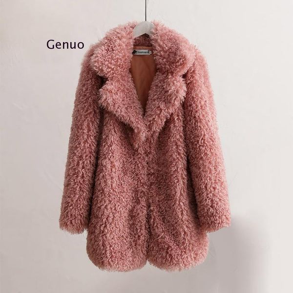 

women faux fur coat wool oversize coats winter warm long sleeve turn-down collar plush coat solid color teddy coats pocket 20201, Black