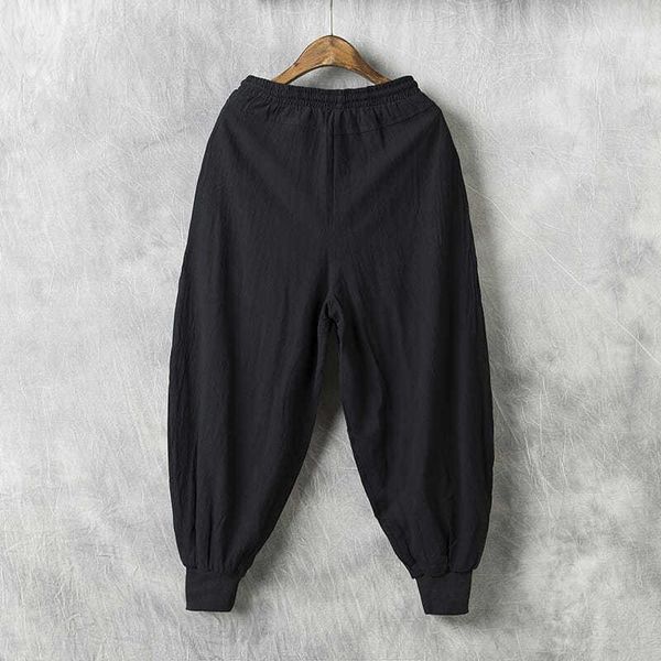 

autumn men's casual wide-leg cotton and linen harem pants loose-fitting lantern pants cotton simple micro stretch1, Black