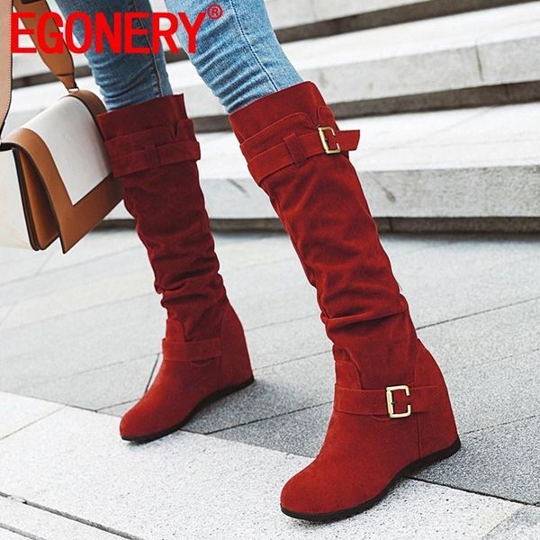 

egonery winter new fashion knee high boots outside comfortable flock round toe buckle plus size party women shoes drop shipping1, Black