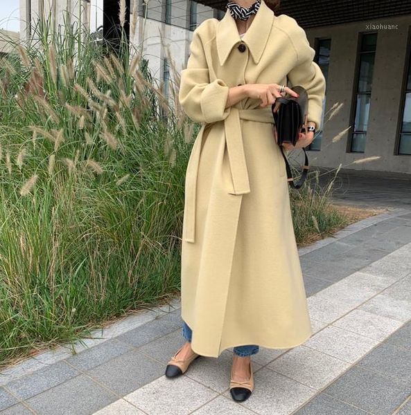 

wavsiyier women solid single breasted trench coat 2020 vintage turn-down collar belt elegant thick long coat jacket chic runway1, Black