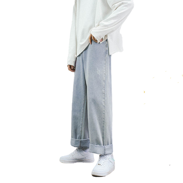 

fashion jeans men straight tube denim pants drop loose wide leg pants ins trendy casual time limited, Blue
