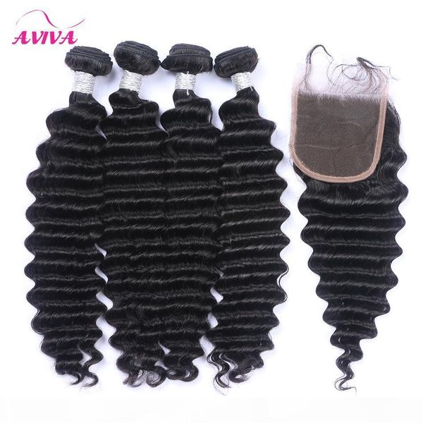 

5pcs lot brazilian deep wave curly virgin hair with closure brazilian deep curly human hair weaves with lace closures remy hair extensions, Black