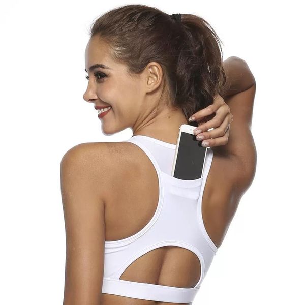 

gym clothing women sports bra with phone pocket print yoga fitness running wear haut femme padding bras wireless tr, White;black