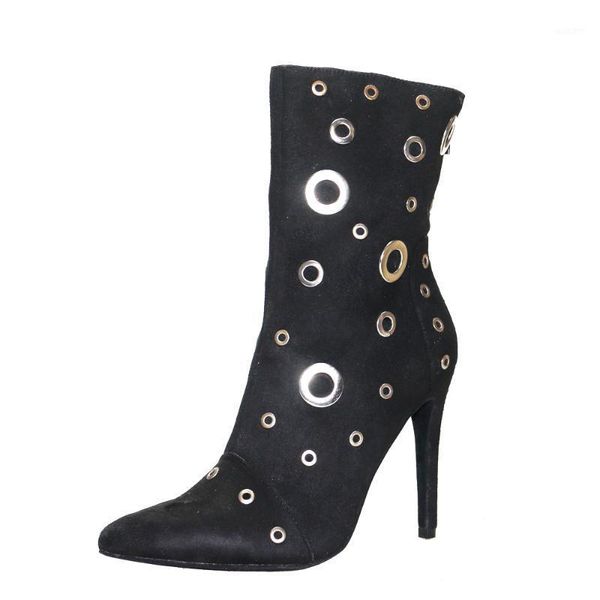 

boots women shoes 2021 cool motorcycle style woman ankle fashion punk metal decoration pointed toe high heel zip shoes1, Black