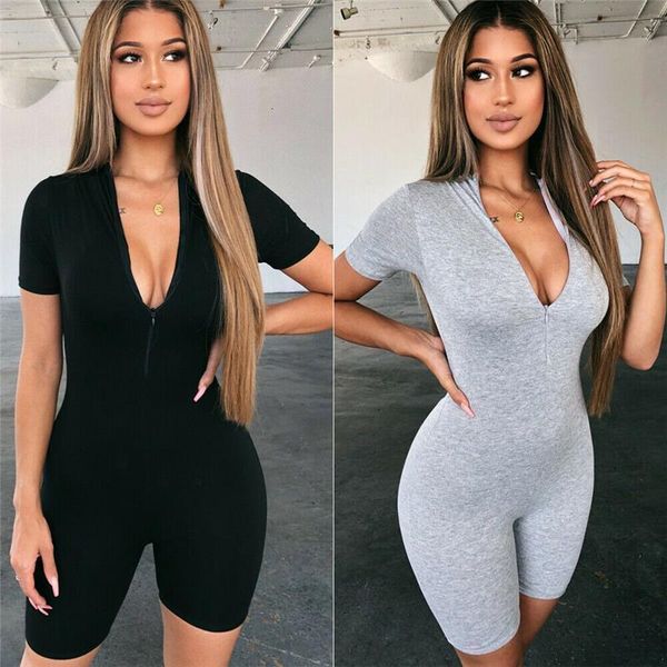

women ladies v neck skinny bodysuit fashion zipper up slim fit jumpsuit bodycon leisure short sleeve stretch solid leotard, Black;white
