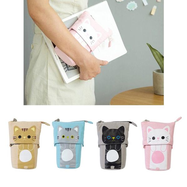 

2 cute animal kitten cat canvas pencil case zip cosmetic make up bag pen pouches
