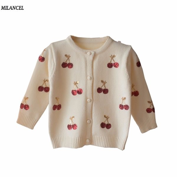 

milancel cherry knitted baby girls sweaters kids spring sweater children cardigan girls sequined outerwear clothes 201109, Blue
