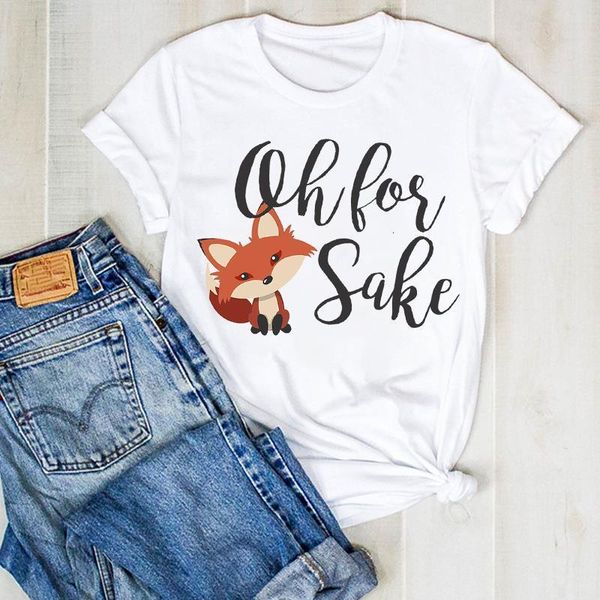 

women lady fox cartoon cute letter print ladies fashion summer t tee tshirt womens female shirt clothes graphic t-shirt, White