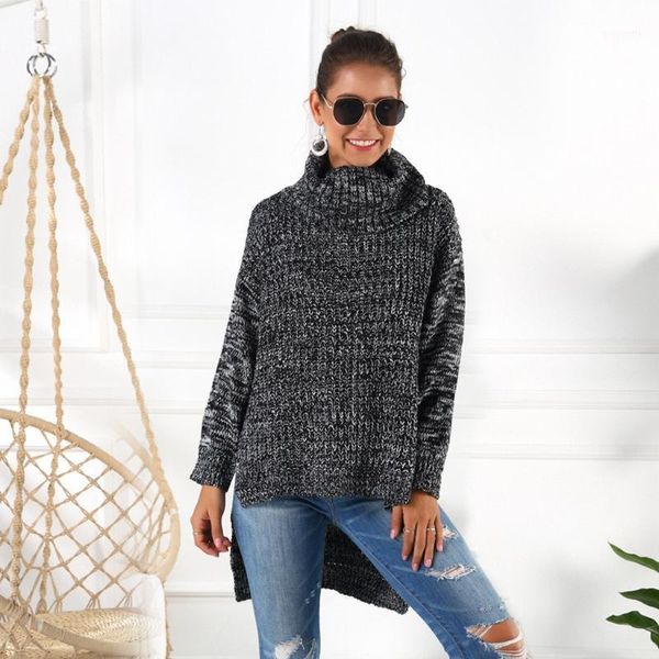 

women turtleneck knitted sweater high collar irregular hem long sleeve pullover d08e1, White;black
