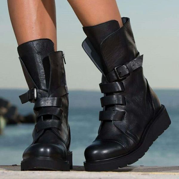 

women ankle boots thick heels ladies fashion short boots buckle pu leather platform female shoes women's botas winter new #vr8p, Black