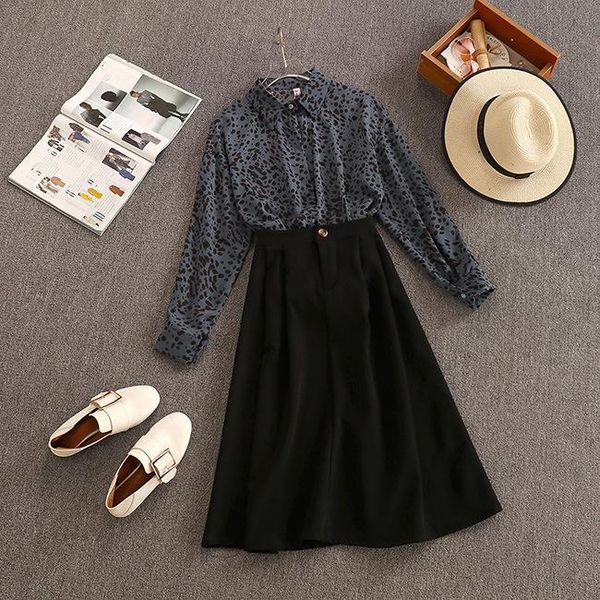 

women's tracksuits 2 pieces set clothing women leopard print shirt blouse long sleeve+elastic waist skirt, Gray