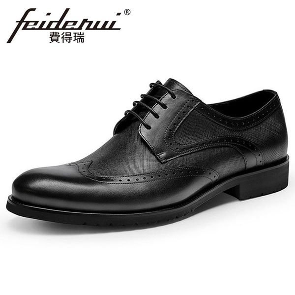 

2020 vintage genuine leather men's formal dress oxfords round toe laces wingtip brogues handmade man derby party shoes fhs249, Black