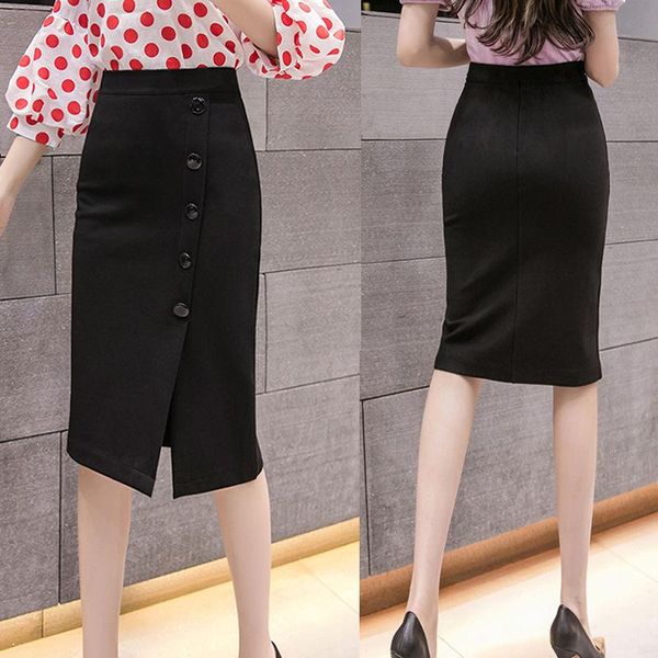 

black a- line dress 2020 split long button high waist slim fit woman skirts mujer faldas saias mulher