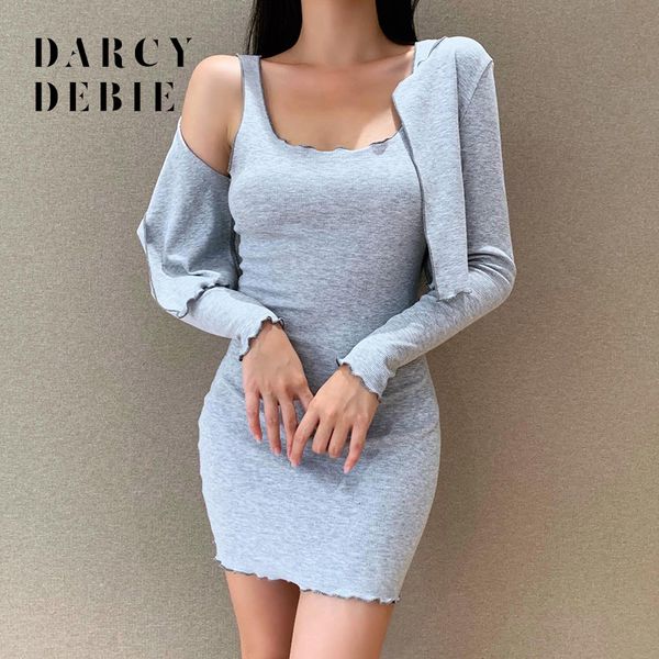 

women's tracksuits darcydebie clothes fall wave edge long sleeve coat two piece hip wrap dress set, Gray